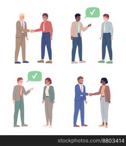Business communication semi flat color vector characters set. Editable figures. Full body people on white. Simple cartoon style illustrations pack for web graphic design and animation. Business communication semi flat color vector characters set