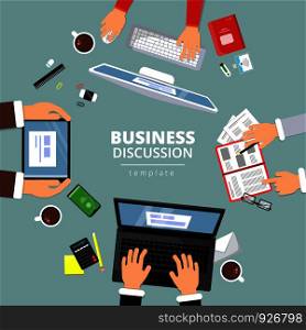 Business communication top view. Finance planning dialog between manager office items books laptop notice papers hands pointing vector. Illustration of office workspace, business meeting. Business communication top view. Finance planning dialog between manager office items books laptop notice papers hands pointing vector