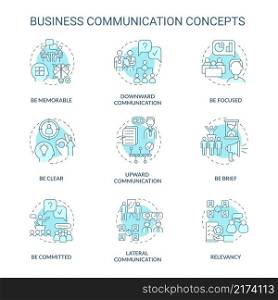 Business communication turquoise concept icons set. Workplace etiquette idea thin line color illustrations. Isolated outline drawings. Editable stroke. Roboto-Medium, Myriad Pro-Bold fonts used. Business communication turquoise concept icons set