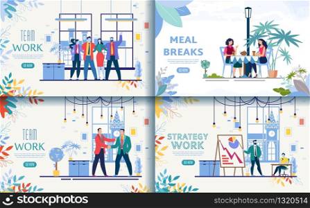 Business Company, Investment Project Flat Vector Web Banners, Landing Pages Set. Businesspeople Hugging, Company Leaders, Businessmen Handshaking in Office, Colleagues Lunching in Cafe Illustration