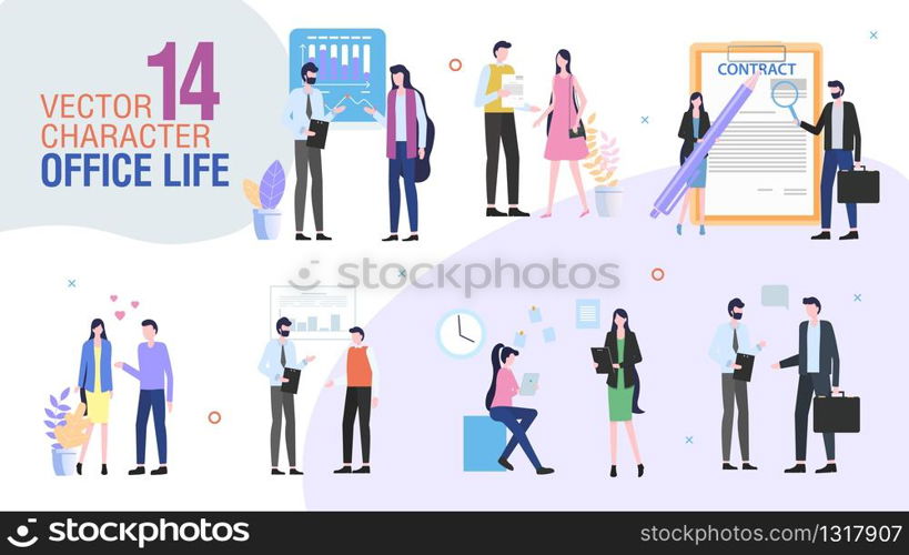 Business Company Office Workers Trendy Flat Vector Characters Set. Female, Male Employees or Entrepreneurs Talking, Communicating with Colleagues, Singing Contract, Planning Strategy Illustration