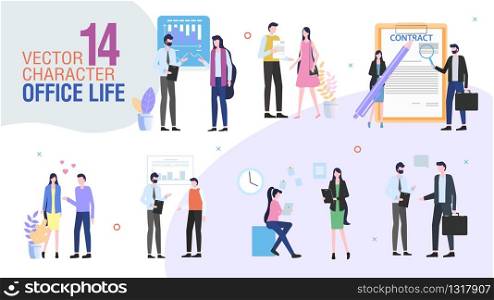 Business Company Office Workers Trendy Flat Vector Characters Set. Female, Male Employees or Entrepreneurs Talking, Communicating with Colleagues, Singing Contract, Planning Strategy Illustration