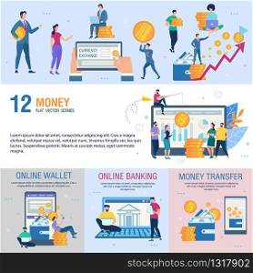Business Company, Online Banking Service, Internet Payment Application Trendy Flat Vector Ad Banner, Poster Set. Businesspeople, Entrepreneurs Working Online, Using Laptop and Cellphones Illustration