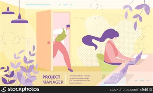 Business Company Project Manger Job, Employee Profession or Work Service Flat Vector Banner or Poster Template. Woman Working on Laptop in Office, Company Employees Using Computer at Desk Illustration