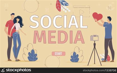 Business Company Social Network Account, Digital Marketing with Social Media internet Audience Engaging Campaign Web Banner, Landing Page. Man and Woman online User Trendy Flat Vector Illustration