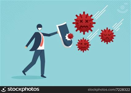 Business company to fight and thriving in Coronavirus outbreak COVID-19 Together with economic crisis concept, businessman leader full protective gear holding strong shield fight virus. vector cartoon