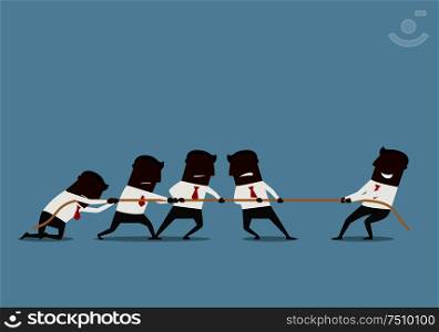 Business competition and human resources concept. Cartoon smiling businessman is easily winning a tug of war battle with a group of businessmen . Tug of war business competition