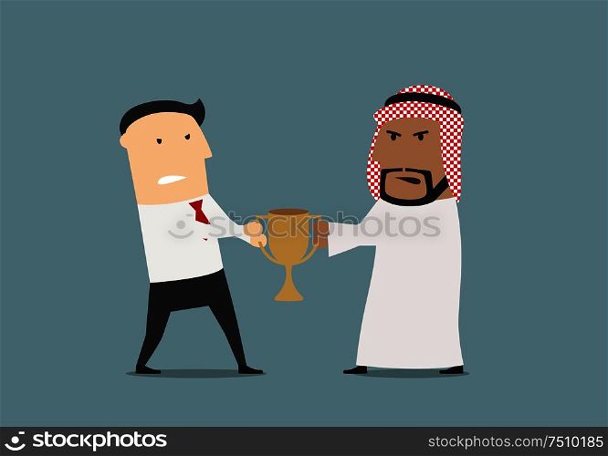 Business competition and rivalry concept design with angry european and arab businessmen which fighting over a golden trophy cup. Businessmen fighting over a golden trophy cup