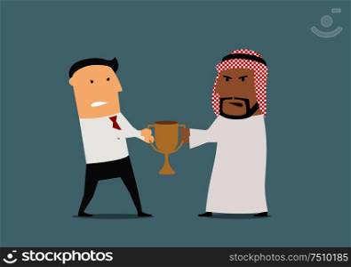 Business competition and rivalry concept design with angry european and arab businessmen which fighting over a golden trophy cup. Businessmen fighting over a golden trophy cup
