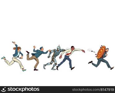 business competition concept, crowd of people attacks businessman target dart target accuracy competition, sports fun and recreation. Pop art retro vector illustration comic caricature 50s 60s style vintage kitsch. business competition concept, crowd of people attacks businessman target dart target accuracy competition, sports fun and recreation
