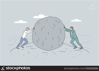 Business competition, rivalry, opponents concept. Two businessmen or politicians cartoon characters pushing huge stone against each other to eliminate from competition and business war conflict. Business competition, rivalry, opponents concept