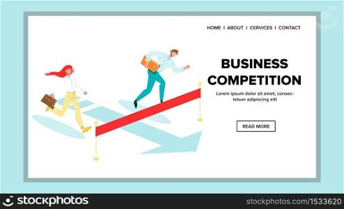 Business Competition Running Colleagues Vector. Businessman And Businesswoman Rivals Run To Finish Red Ribbon Competition. Characters People Challenge Or Contest Web Flat Cartoon Illustration. Business Competition Running Colleagues Vector