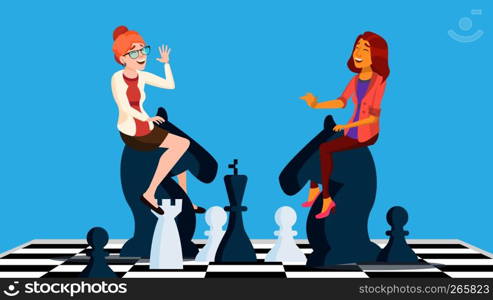 Business Competition Vector. Business Woman Riding Chess Horses Black And White To Meet Each Other. Illustration. Business Competition Vector. Two Business Woman Riding Chess Horses Black And White To Meet Each Other. Illustration