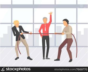 Business competition vector, businessman pulling ropes. People and boss saying to start, competitive spirit of workers in office. Battle of men flat style. Conflict at Work, Businessman Pulling Rope Vector
