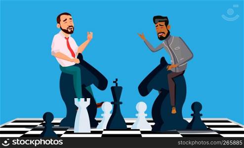 Business Competition Vector. Businessmen Riding Chess Horses Black And White To Meet Each Other. Illustration. Business Competition Vector. Two Businessmen Riding Chess Horses Black And White To Meet Each Other. Illustration