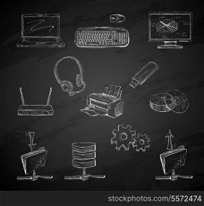 Business computer icons set of desktop mobile notebook network router and printer hand isolated vector illustration sketch on chalkboard