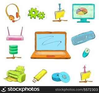 Business computer icons set of mobile notebook data medium and wireless network router hand drawn isolated vector illustration sketch