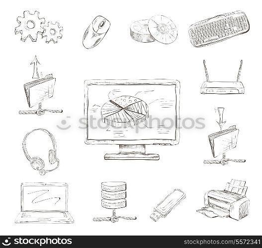 Business computer icons set of workplace desktop printer and wireless network router hand drawn isolated vector illustration sketch