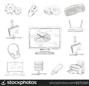 Business computer icons set of workplace desktop printer and wireless network router hand drawn isolated vector illustration sketch