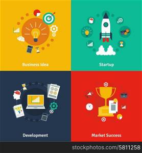 Business concept 4 flat icons square. Business market success fresh ideas for startup program concept 4 flat icons composition abstract isolated vector illustration