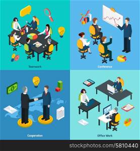 Business concept 4 isometric icons square. Business teamwork innovative ideas sharing conference and collaboration concept 4 isometric icons composition abstract isolated vector illustration