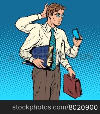 Business concept a lot of cases the multi-armed businessman pop art retro style. Problems at work. The Manager under stress. Business concept a lot of cases the multi-armed businessman