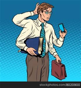 Business concept a lot of cases the multi-armed businessman pop art retro style. Problems at work. The Manager under stress. Business concept a lot of cases the multi-armed businessman