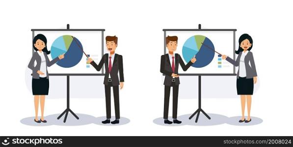 Business concept.Business people is present thing the project,showing graph.Flat vector 2D cartoon character illustration.
