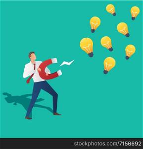 business concept businessman attracting light bulbs with a large magnet vector illustration