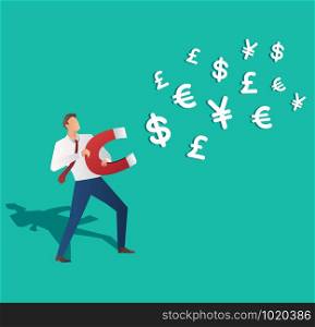 business concept. businessman attracting money icon with magnet vector illustration