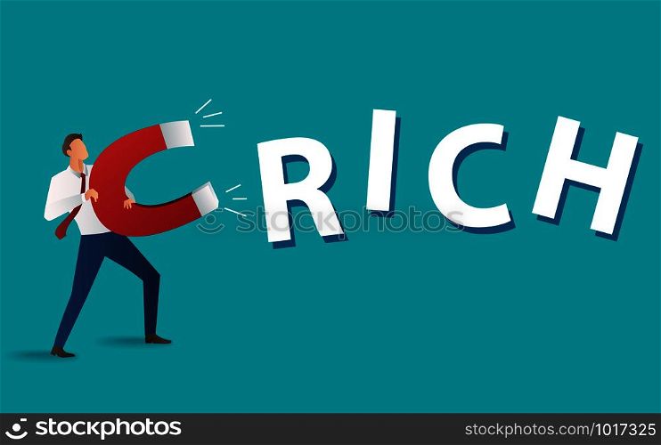 business concept. businessman attracting rich text with a large magnet vector illustration