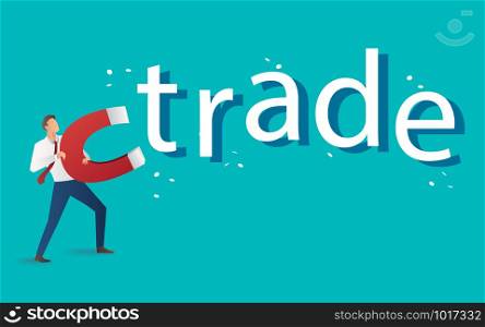 business concept. businessman attracting trade text with a large magnet vector illustration