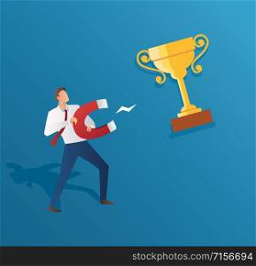 business concept businessman attracting trophy with a large magnet vector illustration