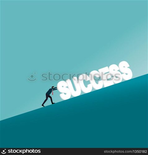 Business concept. businessman pushing the success text uphill. Symbol of difficulty, ambition, motivation, struggle, achievement, vector illustration flat style