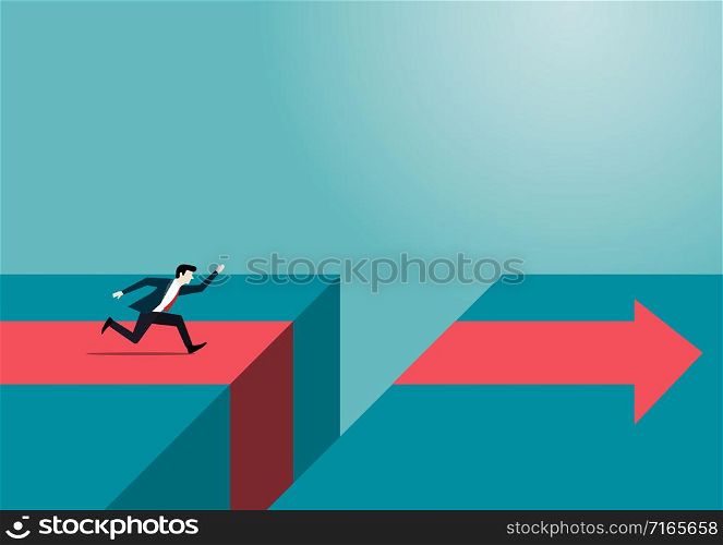 Business concept. Businessman running to crossing over big gap. Symbol of ambition, Leadership, Achievement, Vector illustration flat design