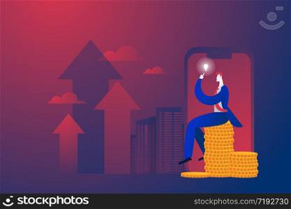 Business concept, businessman sitting on money and thinking about business plan. Vector illustration. Business concept, businessman sitting on money and thinking about business plan. Vector illustration.