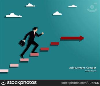 Business concept. Businessman walking on stair up to success. Achievement, Success, Leadership, Growth, Opportunity. Vector illustration flat