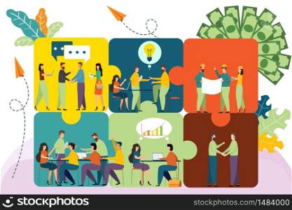 Business concept corporation. Team metaphor in office jigsaws. Business people connecting puzzle elements. Symbol of teamwork and partnership. Vector illustration. Startup business.