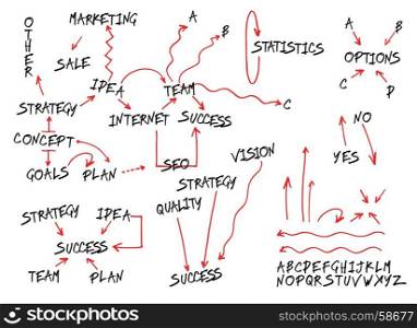 Business concept elements. Arrows and alphabet set. Isolated vector hand drawn arrows and letters on a white background.