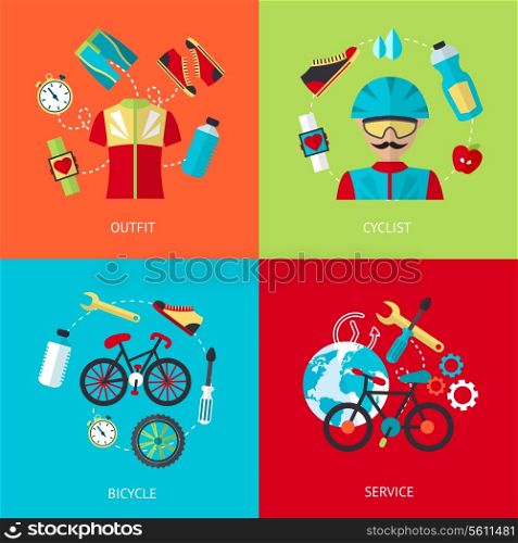 Business concept flat icons set of bicycle sport outfit cyclist bike service infographic design elements vector illustration
