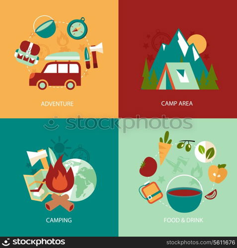 Business concept flat icons set of camping area adventure food and drink infographic design elements vector illustration