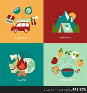 Business concept flat icons set of camping area adventure food and drink infographic design elements vector illustration