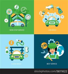 Business concept flat icons set of car wash best clean non stop auto service infographic design elements vector illustration
