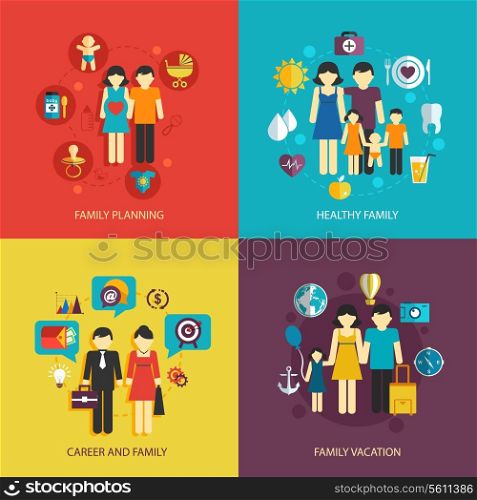 Business concept flat icons set of family planning health career and vacation infographic design elements vector illustration