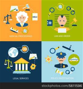 Business concept flat icons set of law and order judicial proceedings legal services police investigation infographic design elements vector illustration