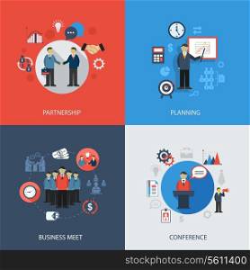 Business concept flat icons set of meeting partnership planning conference infographic design elements vector illustration