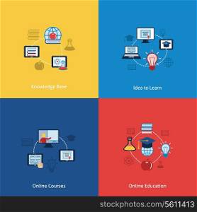Business concept flat icons set of online education courses knowledge base and learning ideas infographic design elements vector illustration