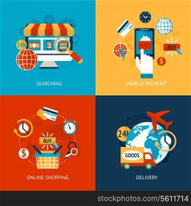 Business concept flat icons set of online shopping internet purchase and delivery infographic design elements vector illustration