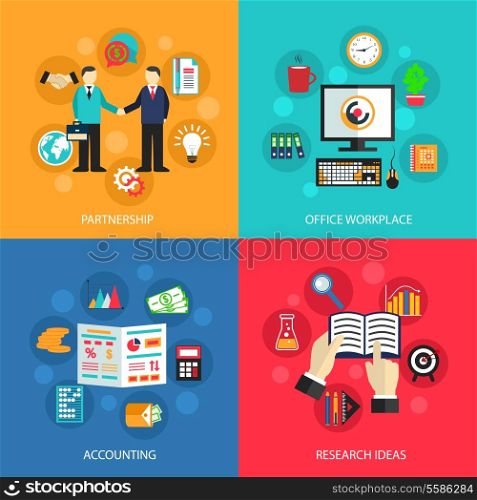 Business concept flat icons set of partnership office meeting accounting workplace and project ideas for infographics design web elements vector illustration
