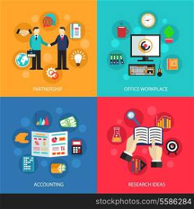 Business concept flat icons set of partnership office meeting accounting workplace and project ideas for infographics design web elements vector illustration